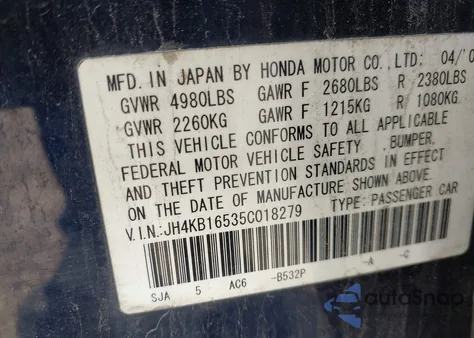 2005 Acura Rl 3.5 из США, поврежденный, VIN JH4KB16535C018279